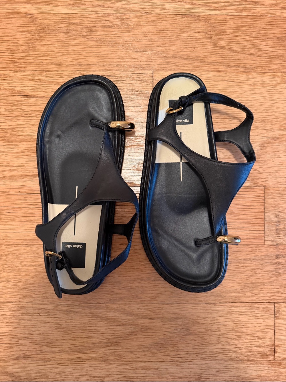 Dolce Vita Black Leather T-Strap Sandals with Gold Accents